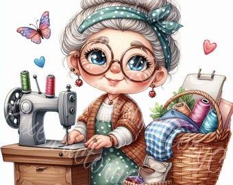 Grandma Sewing Machine Clipart, Scrapbooking Stickers (Digital Download)