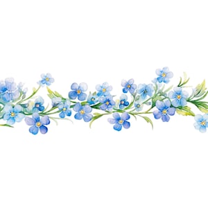 May include: A watercolor illustration of a border of blue forget-me-not flowers with green stems and leaves.
