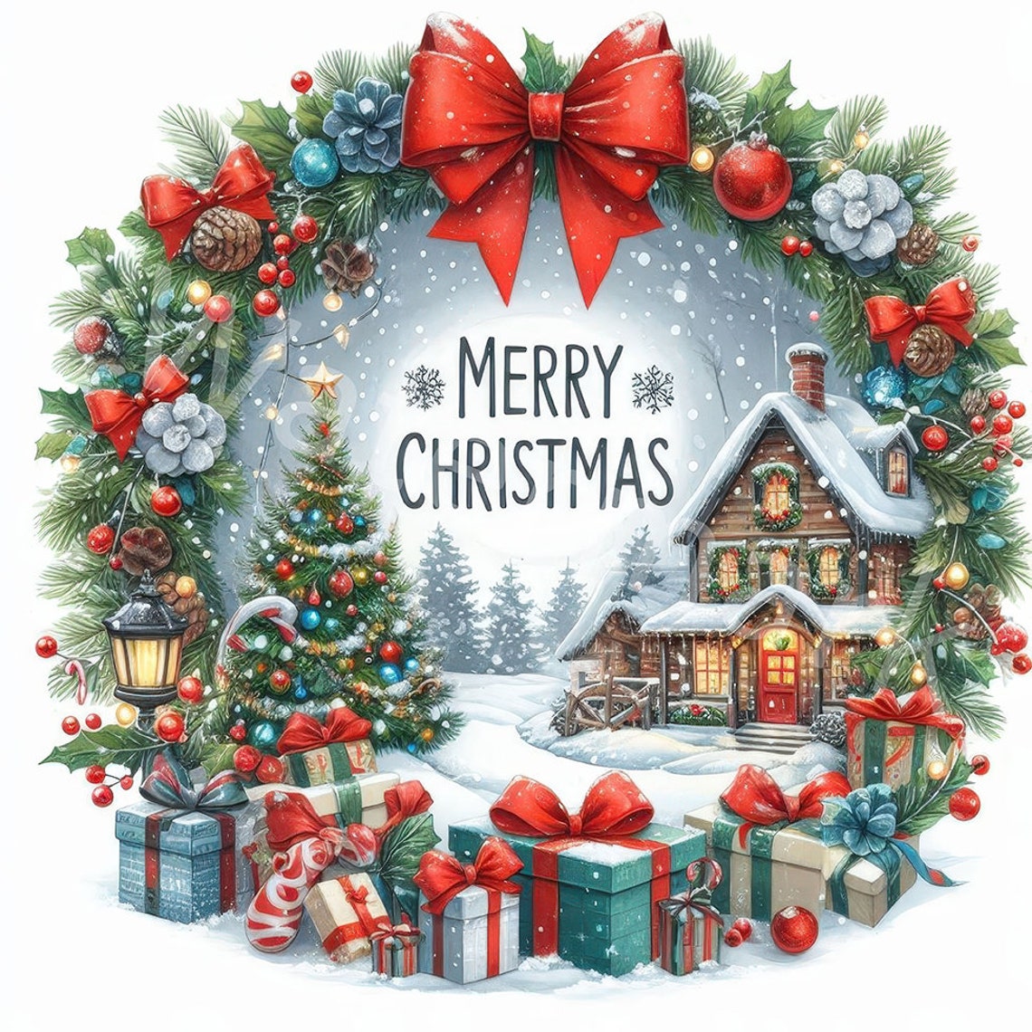 May include: A Christmas wreath with a red bow, pine branches, red berries, and a small house with a snowy roof. The wreath is decorated with lights and ornaments. The text "Merry Christmas" is written in the center of the wreath.