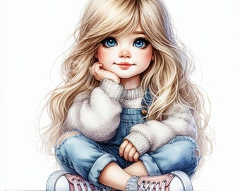 Può includere: Una bambina con lunghi capelli biondi è seduta con le gambe incrociate, indossando un maglione bianco e una salopette blu. Ha gli occhi azzurri e indossa scarpe da ginnastica rosa.