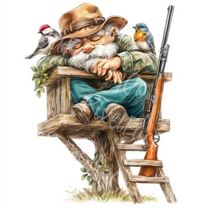 Clipart de abuelo cazador divertido JPG, acuarela, anciano con pistola, ilustración digital para arte mural, álbumes de recortes, tarjetas de felicitación, proyectos de manualidades