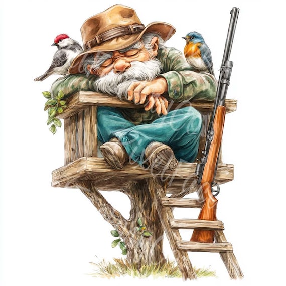 水彩画ハンターおじいちゃんクリップアート：面白い老人のイラスト