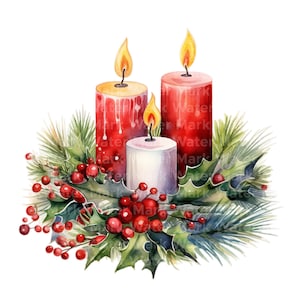 Clipart di candele di Natale, 13 JPG, clipart ad acquerello, clipart di Natale, artigianato di carta digitale, clipart per la creazione di cartoline, download digitale