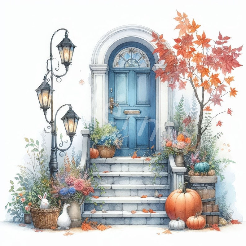 Autumn Door Clipart, 12 JPG, Digital Download, Autumn Landscape Clipart