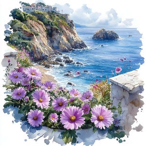 Imágenes prediseñadas de vistas al mar con flores, 12 JPG, paisaje mediterráneo, terrazas de flores, motivos decorativos, diario basura, álbum de recortes, descarga digital