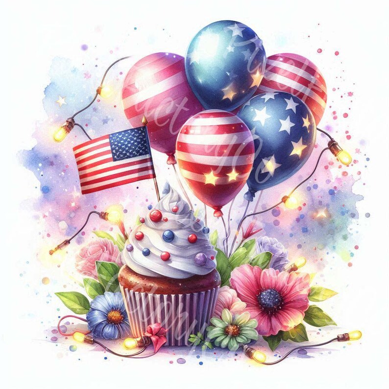 Fourth of July Clipart: Patriotic Cupcakes & Balloons (digital Download ...