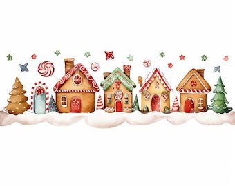 Clipart de bordas de Natal: guirlandas de casas de gengibre em aquarela (download digital)
