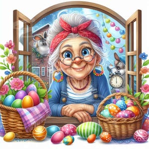 Easter Old Lady Clipart 12JPG Funny Grandma Easter Eggs Easter Decorations Tulips Digital Download Paper Cards Crafts Scrapbook Junk Journal