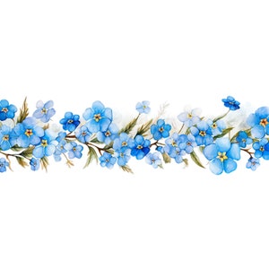 May include: A watercolor painting of a border of blue forget-me-not flowers with green leaves and stems.