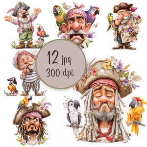 Lustige Piraten Clipart Bundle mit Papagei Cartoon Kapitän Kunst für Scrapbooking Grußkarten Printable Handwerk kommerzielle Nutzung 12 JPG Grafiken