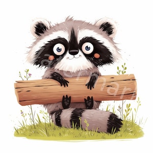 Raccoon watercolor clipart, 12 jpg, digital download, children&#39;s illustration, invitation making, junk journal, digital scrapbooking clipart