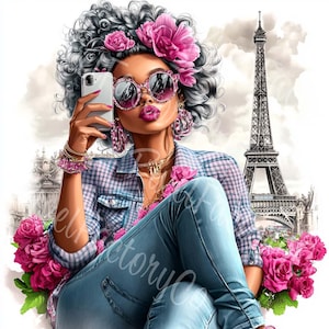 May include: Digital illustration of a person taking a selfie, wearing pink-rimmed sunglasses, and a plaid shirt. The Eiffel Tower is in the background, along with pink roses and jewelry. The person has gray curly hair and is wearing blue jeans.