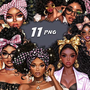 Peut inclure: Illustration numérique présentant plusieurs portraits de femmes noires aux cheveux bouclés, portant des foulards, des lunettes et des bijoux en or. L'image comprend le texte "11 PNG" dans un nuage gris foncé.