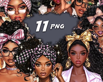 May include: Digital illustration featuring multiple portraits of Black women with curly hair, wearing headscarves, glasses, and gold jewelry. The image includes the text "11 PNG" in a dark gray cloud.