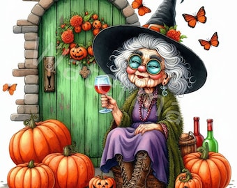 Halloween Grandma Clipart: Watercolor Old Lady with Pumpkins (Digital Download)