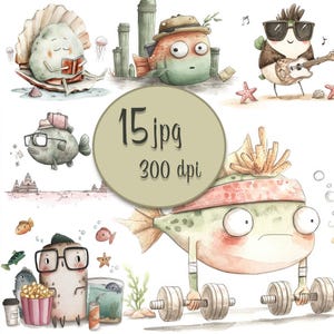 Funny Cartoon Fish Clipart Watercolor Illustration Cute Ocean Fish Art Digital Download JPG Funny Sea Animal Art For Kids Room Decor Cards