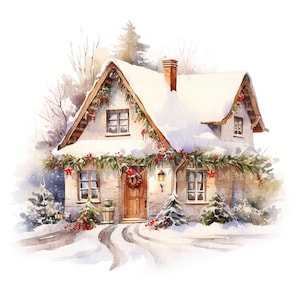 Christmas house clipart, 9 jpg, watercolor clipart, Christmas decorated house clipart, card making clipart, digital download, winter house