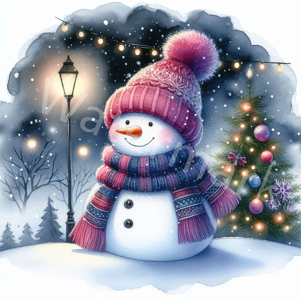 水彩画のクリスマス雪だるまクリップアート：冬の風景（デジタル