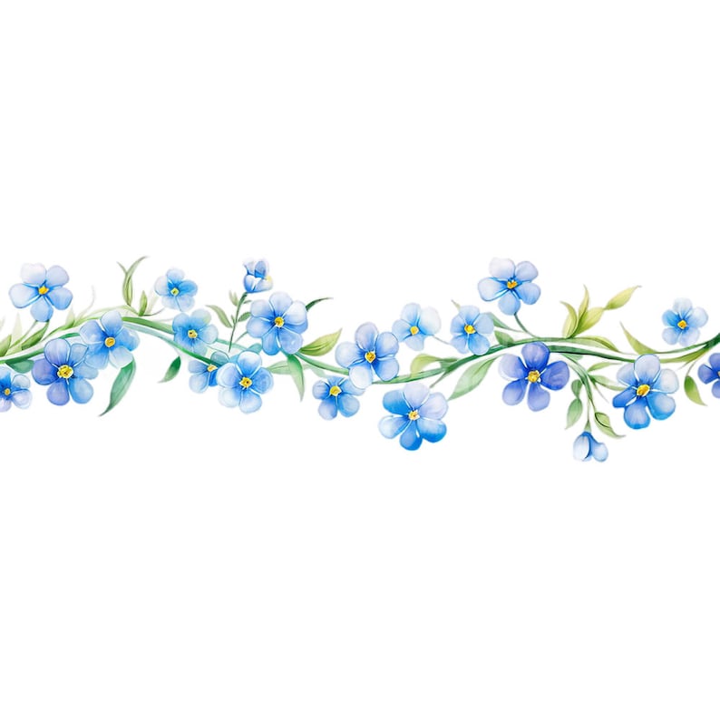 May include: A watercolor illustration of a border of blue forget-me-not flowers with green stems and leaves.