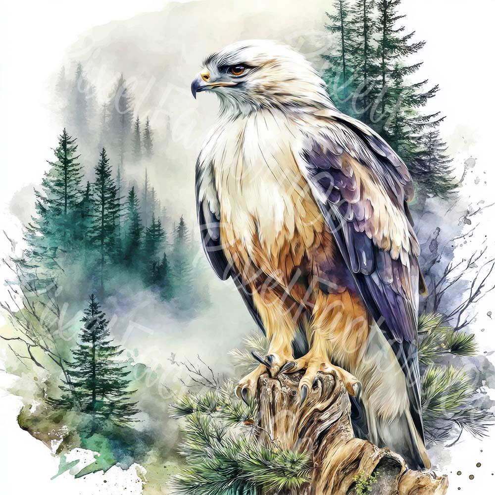 水彩画のワシのクリップアート：飛んでいる鳥のイラスト（デジタル