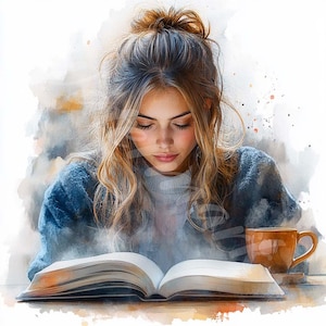 Ragazza con libro e caffè Clipart Ragazza lettrice Donna Carta Artigianato digitale Adesivi Album di ritagli Creazione di biglietti Diario spazzatura Download digitale 12JPG