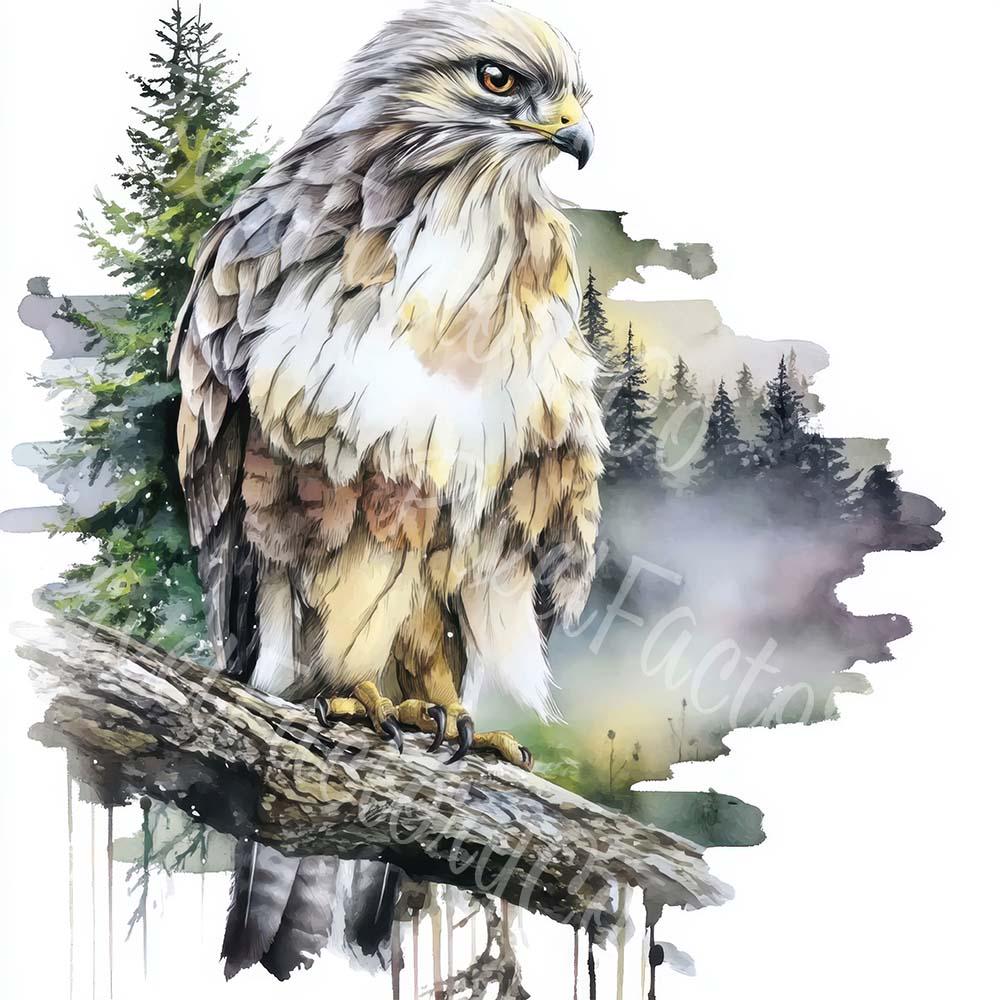 水彩画のワシのクリップアート：飛んでいる鳥のイラスト（デジタル