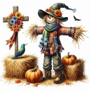 Autumn Scarecrow Clipart, 12 JPG, Scarecrow Graphics, Fall Decoration Graphics Printable, Junk Journal,Digital Craft Paper, Digital Download