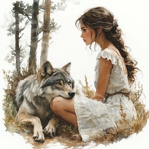 Meisje en wolf clipart 12 jpg digitale download mensen dieren digitaal papier ambachten kaarten maken uitnodigingen ongewenste dagboek geheugen boek plakboek