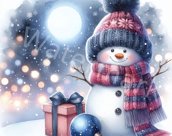 水彩画のクリスマス雪だるまクリップアート：冬の風景（デジタル