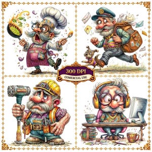 May include: A digital illustration sheet featuring four cartoon characters: a chef cooking with a flaming pan, a mail carrier with a backpack and dog, a construction worker holding a heavy tool, and a person at a computer wearing headphones.