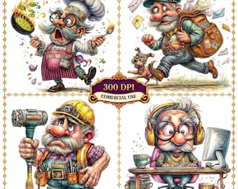 Funny Working Grandpa Clipart Bundle Digital Download For Junk Journal Crafts