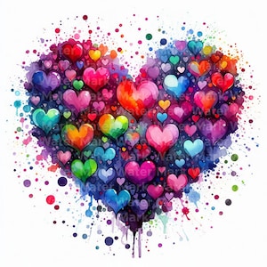 Pode incluir: Uma pintura em aquarela de uma forma de cora&ccedil;&atilde;o composta por muitos cora&ccedil;&otilde;es menores em v&aacute;rias cores, incluindo vermelho, rosa, azul, verde, amarelo e laranja. Os cora&ccedil;&otilde;es s&atilde;o cercados por respingos de aquarela coloridos sobre um fundo branco.