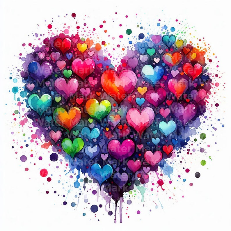 Pode incluir: Uma pintura em aquarela de uma forma de cora&ccedil;&atilde;o composta por muitos cora&ccedil;&otilde;es menores em v&aacute;rias cores, incluindo vermelho, rosa, azul, verde, amarelo e laranja. Os cora&ccedil;&otilde;es s&atilde;o cercados por respingos de aquarela coloridos sobre um fundo branco.