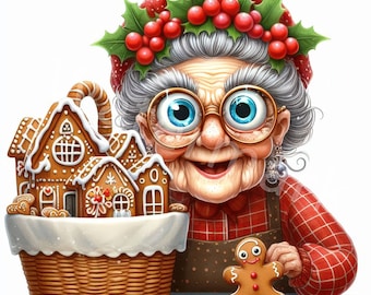 May include: A smiling gingerbread woman wearing a red and green hat with holly and berries, holding a basket of gingerbread houses and a gingerbread man.