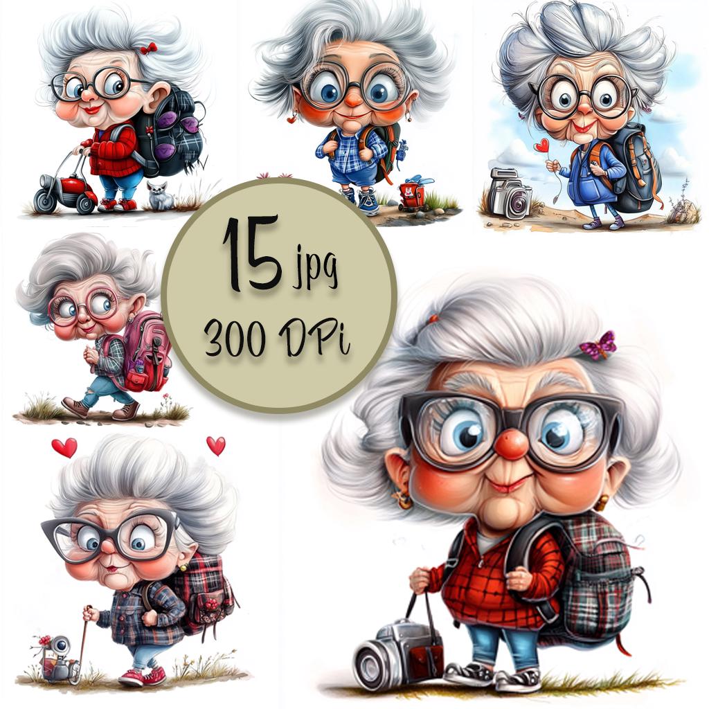Funny Grandma Hiking Clipart JPG Digital Download Senior Woman Backpack Art Quirky Elderly Lady Illustration Old Woman Cartoon File Cards