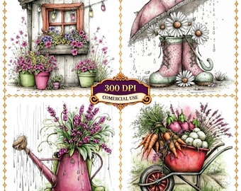 Watercolor Garden Elements Set For Scrapbooking Planner Stickers And Digital Crafting Projects