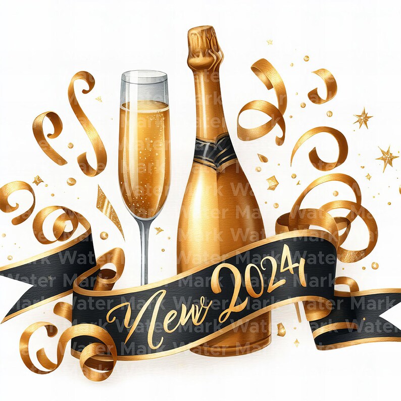 New Year 2024 Clipart, 12 JPG, Digital Download, New Year's Eve Clipart