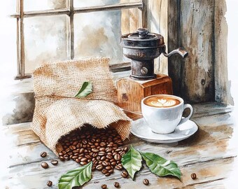 ヴィンテージコーヒークリップアート：水彩画のコーヒーグラインダーと