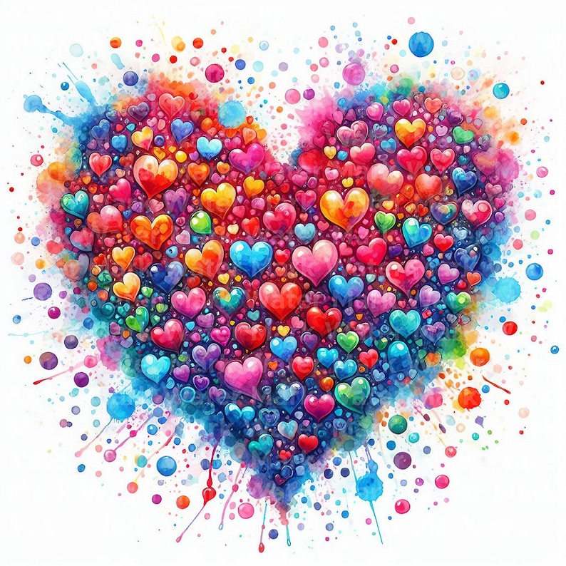 Pode incluir: Uma pintura em aquarela de uma forma de cora&ccedil;&atilde;o composta por muitos cora&ccedil;&otilde;es menores em v&aacute;rias cores, incluindo vermelho, rosa, azul, verde, amarelo e laranja. Os cora&ccedil;&otilde;es s&atilde;o cercados por um fundo branco com respingos de tinta coloridos.