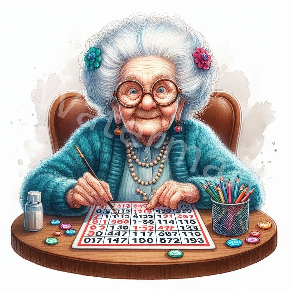 鉄、招きおばあちゃん。♪(๑ᴖ◡ᴖ๑)♪ 面白いおばあちゃんのビンゴクリップアート：水彩画のおばあちゃんたち