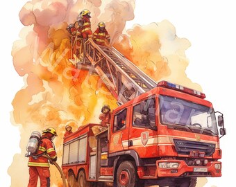 消防士の水彩画クリップアート：消防車のアート（デジタルダウンロード