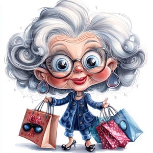 Grappige oma winkelen Clipart 12 JPG aquarel oude dame vrouw met geschenken ongewenste dagboek digitale papier ambachten digitale download scrapbooking