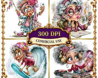 Funny Grandma Hobbies Clipart Bundle Vintage Characters Digital Download Collection Junk Journal 14 JPG