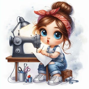 Lustiges Mädchen Clipart, digitaler Download, schrulliges verrücktes Mädchen, Nähmaschine, Kinder Illustrationen, digitale Papier Handwerk, Sammelalben, 12JPG