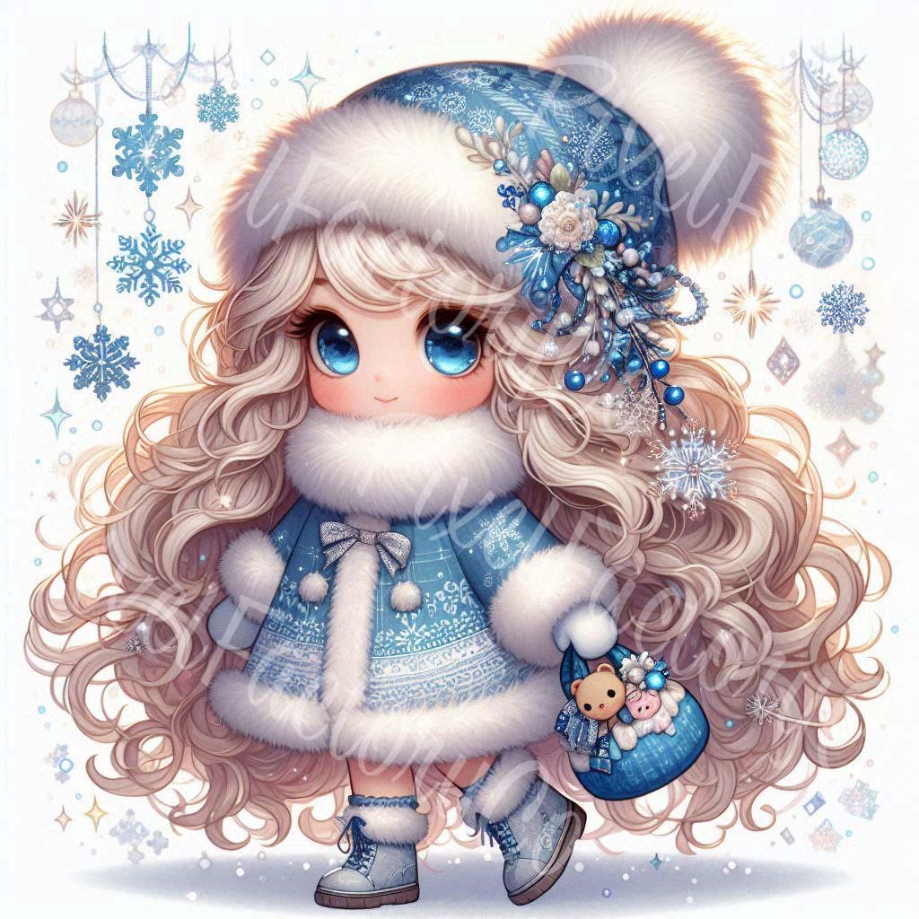 クリスマスガールクリップアート、冬の休日イラスト（デジタルファイル