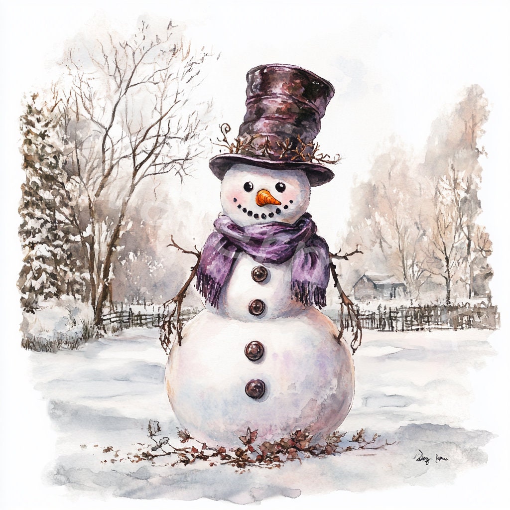 ヴィンテージ水彩雪だるまクリップアート：クリスマスの冬の風景
