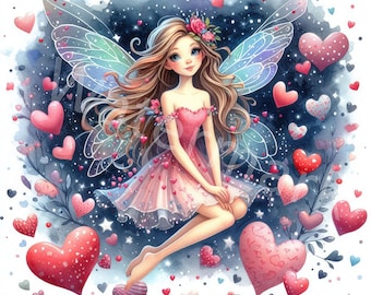 Peut inclure: Une fée aux ailes irisées et à la robe rose est assise sur un nuage de cœurs. L'arrière-plan est bleu foncé avec des étoiles et des paillettes blanches. La fée a de longs cheveux bruns et des yeux bleus. Elle porte une couronne de fleurs.