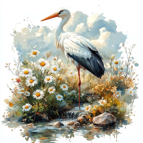 3羽のコウノトリ 水彩画風 アート 水彩コウノトリのクリップアート：鳥のイラスト、デジタルペーパー
