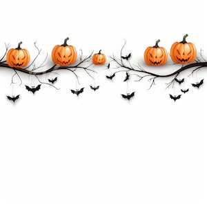 May include: A white background with a branch of bare tree limbs with orange jack-o'-lantern pumpkins and black bats hanging from the branches.