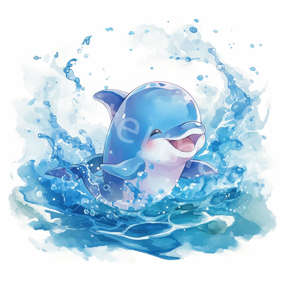 イルカ　絵 水彩画のイルカの赤ちゃんのクリップアート：デジタルイラスト（JPG
